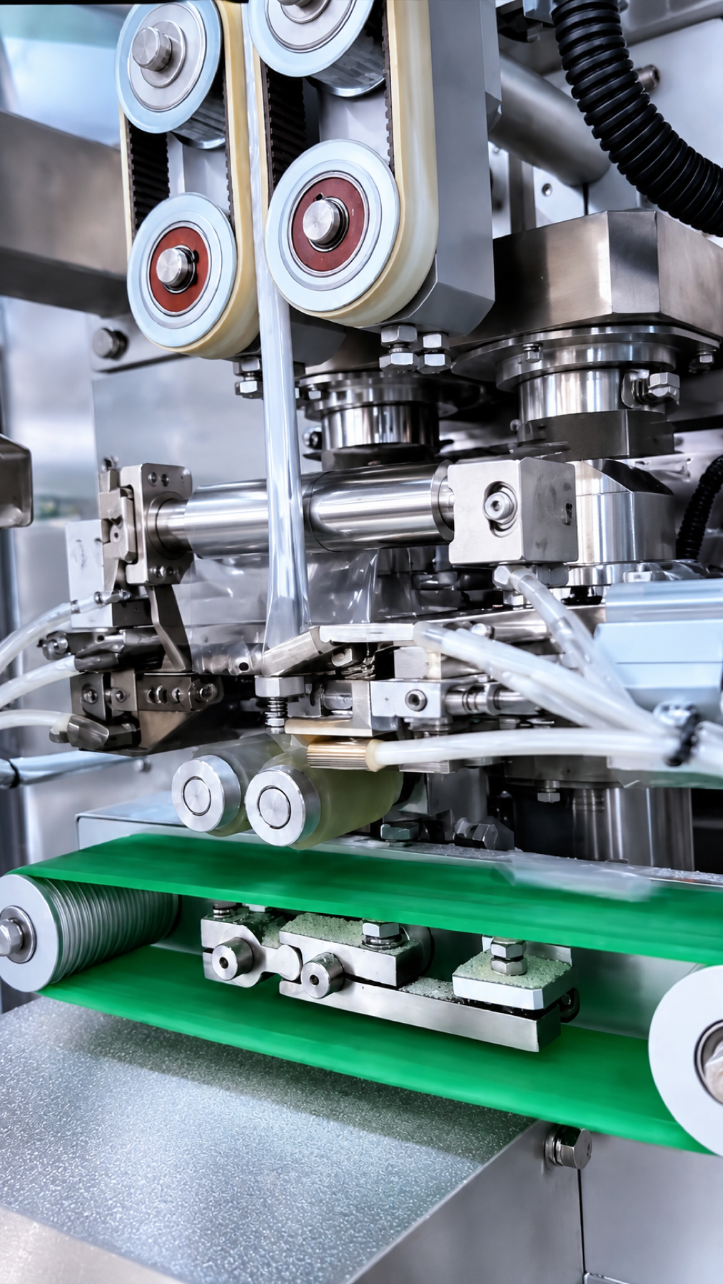 Pouch packaging equipment: film feed, sealing mechanism and discharge conveyor
