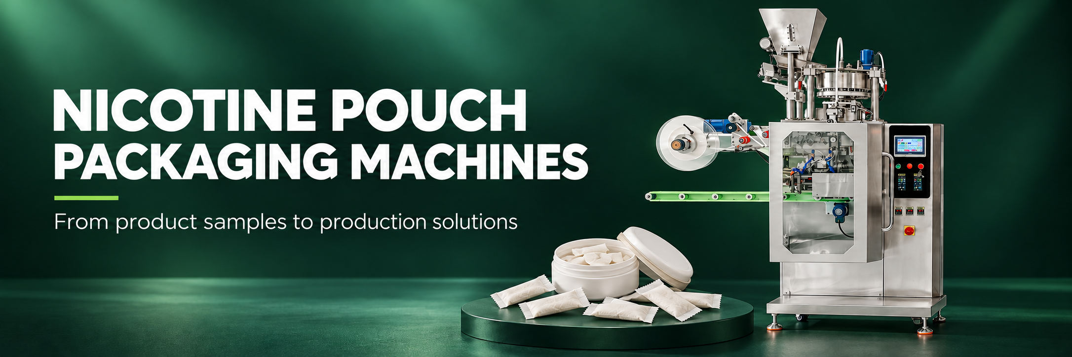 Nicotine pouch packaging machine with finished pouch samples
