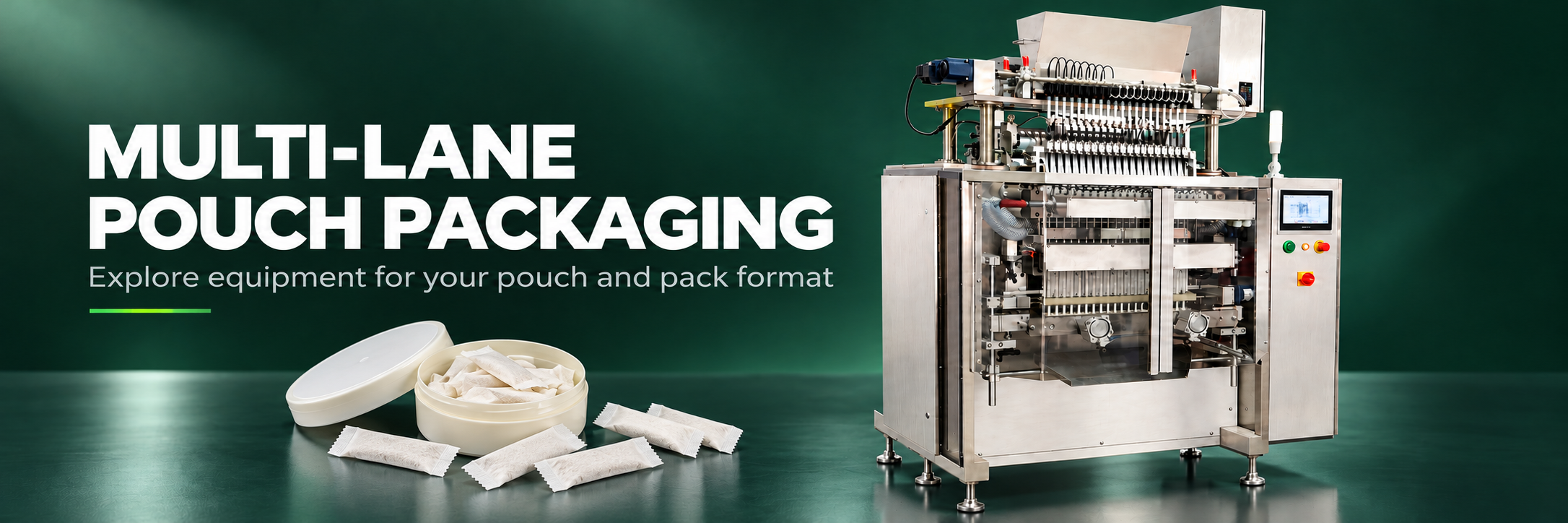 Multi-lane nicotine pouch packaging machine with pouch samples