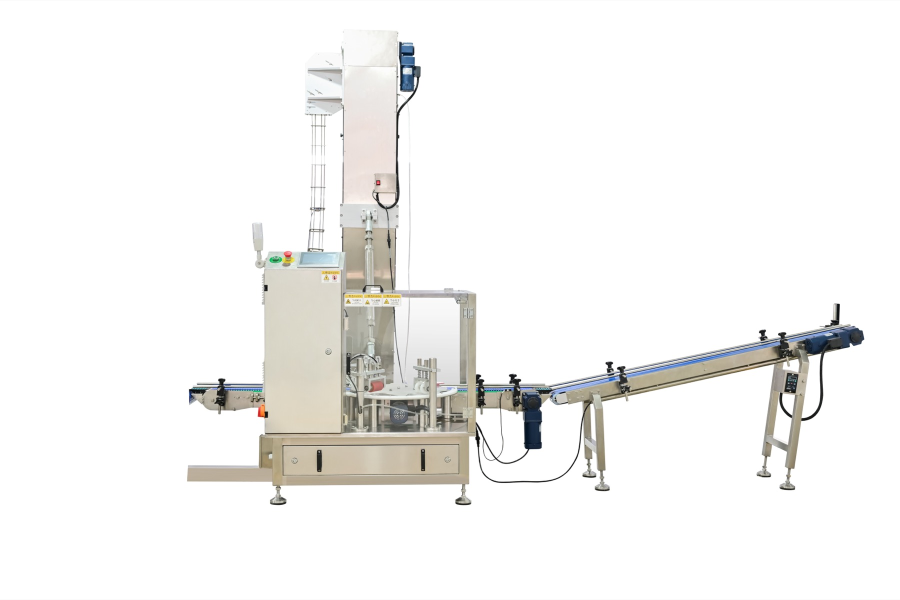 Automatic round snus can lid feeding and pressing machine on a white background