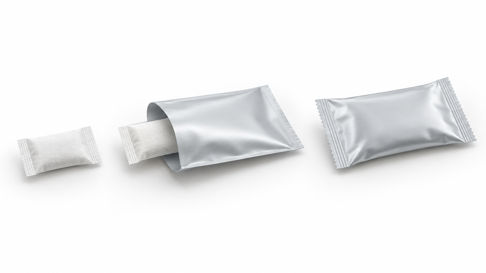 Illustration of a white inner pouch entering an individual silver outer film wrapper