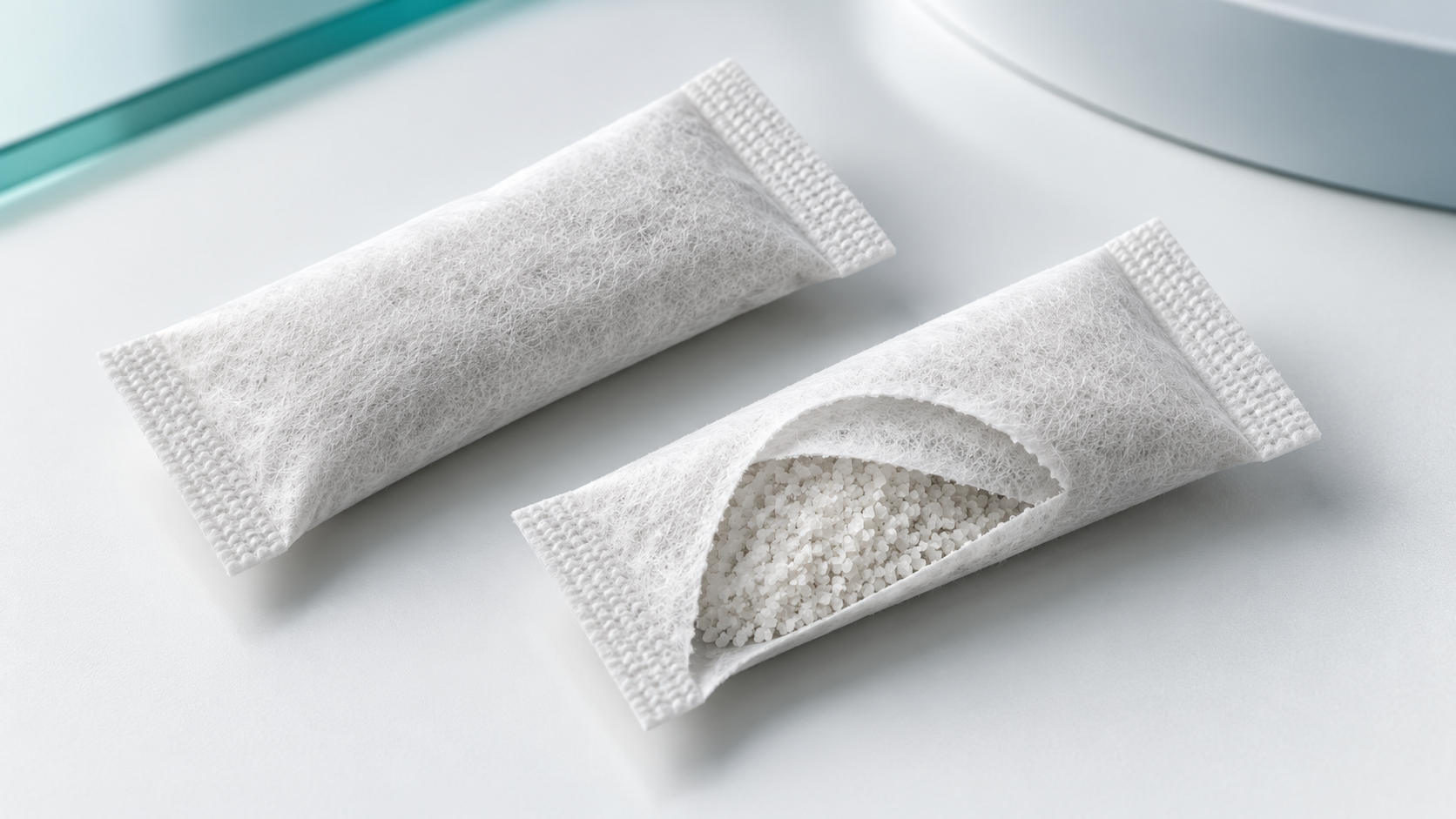 Illustration of a sealed non-woven inner pouch and a cutaway showing its fill