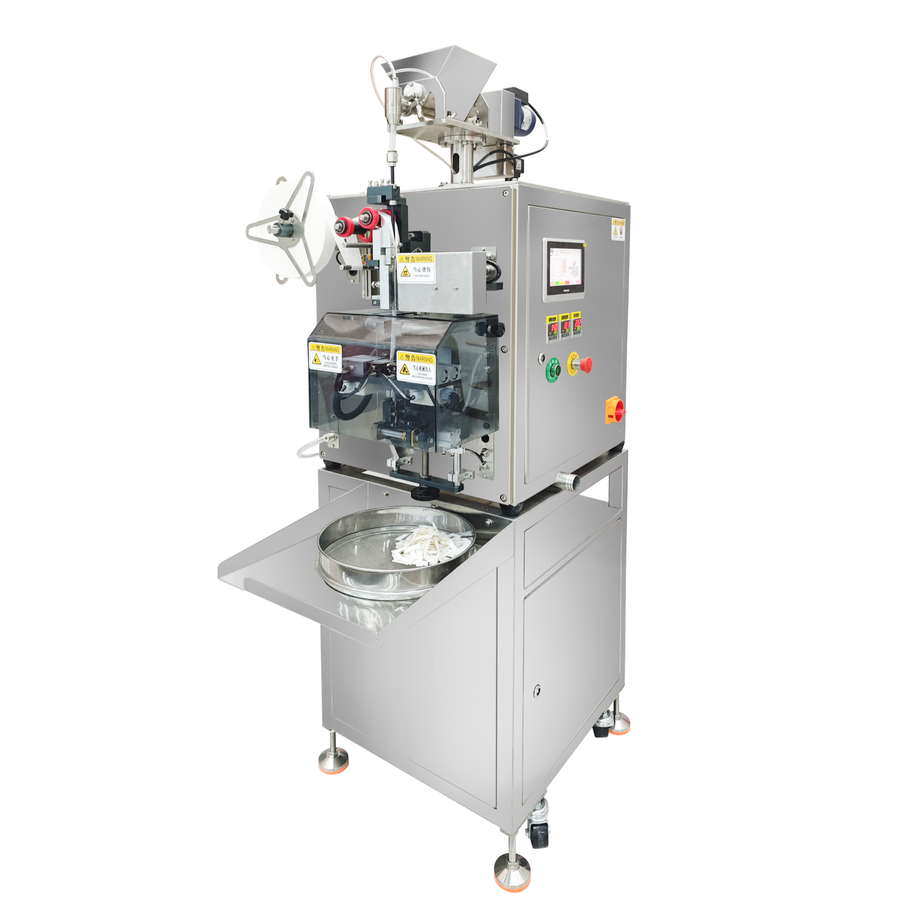 Compact experimental nicotine pouch sample packaging machine on a white background