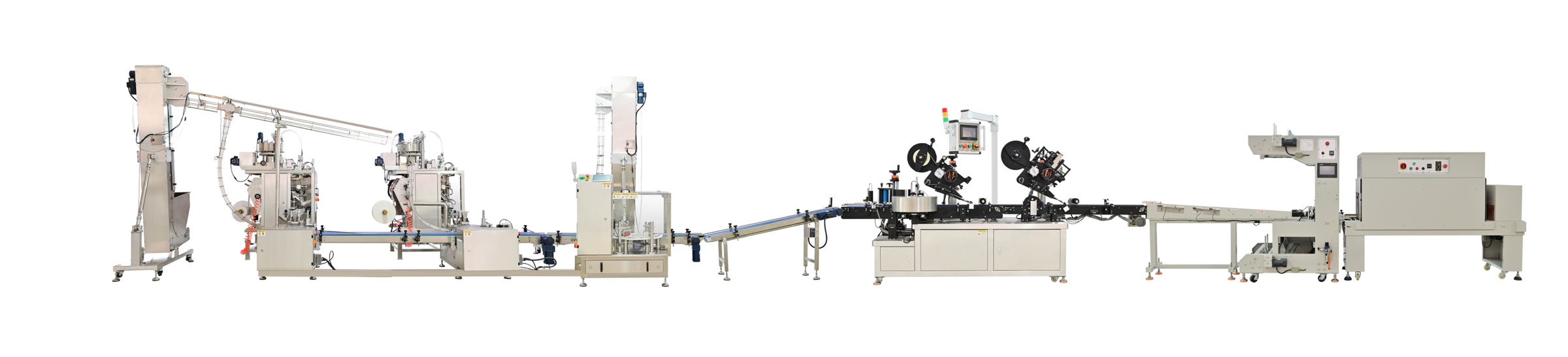 Complete connected nicotine pouch packaging line