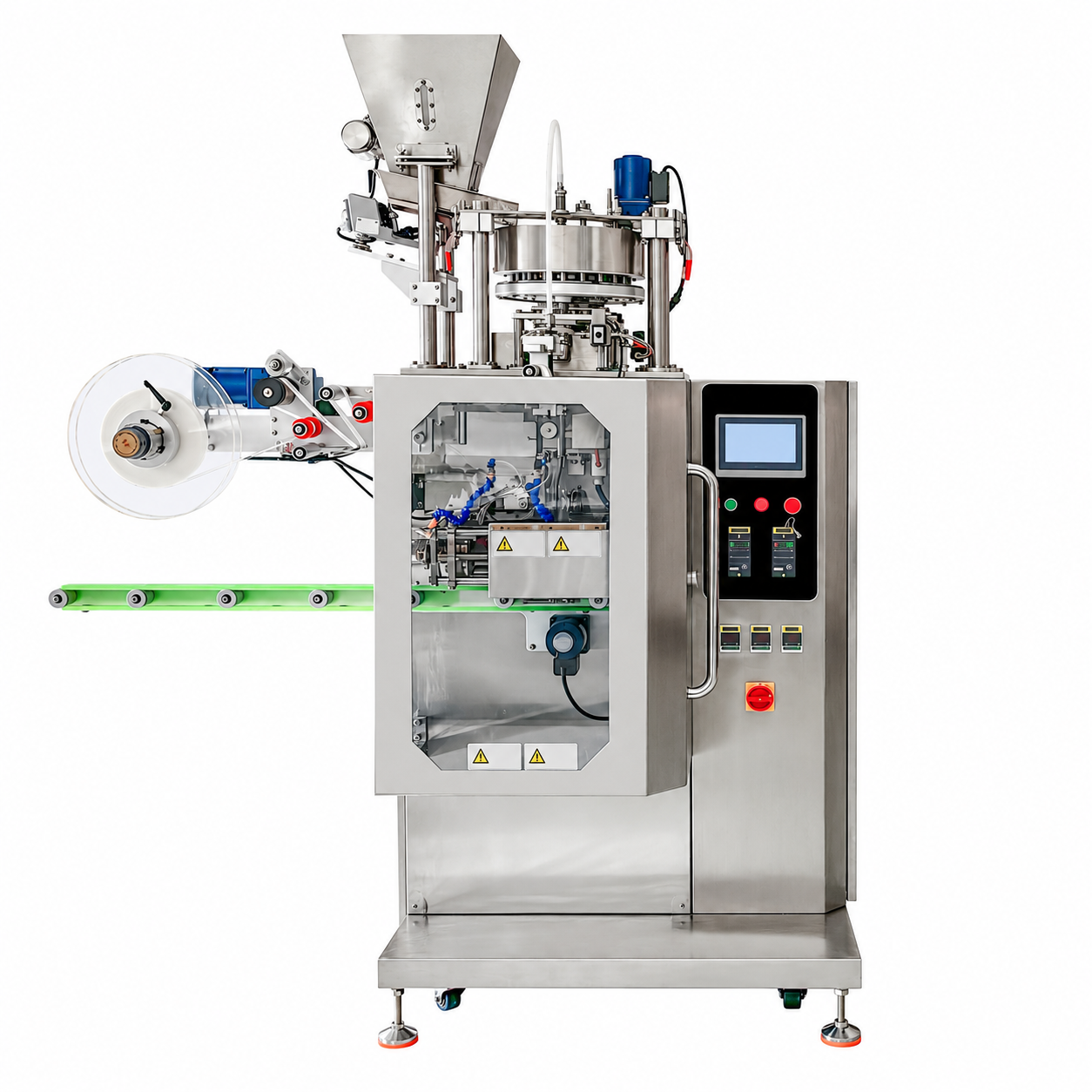 High-speed single-lane nicotine pouch packaging machine on a white background